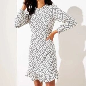 LOFT Black and White Patterned Long Sleeve Dress